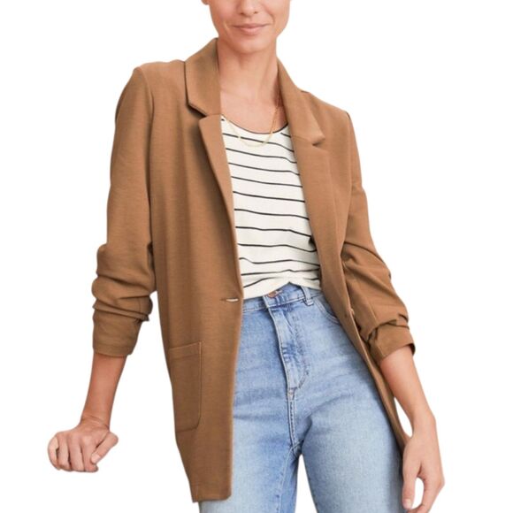 Garnet Hill Jackets & Blazers - GARNET HILL Women Knit blazer Relaxed fit one button pockets long brown size 08
